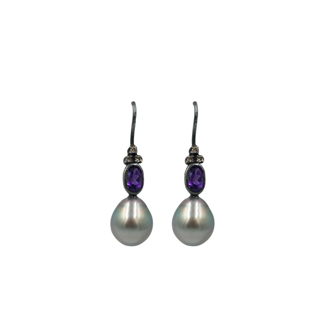 Earrings Amethyst & grey pearls